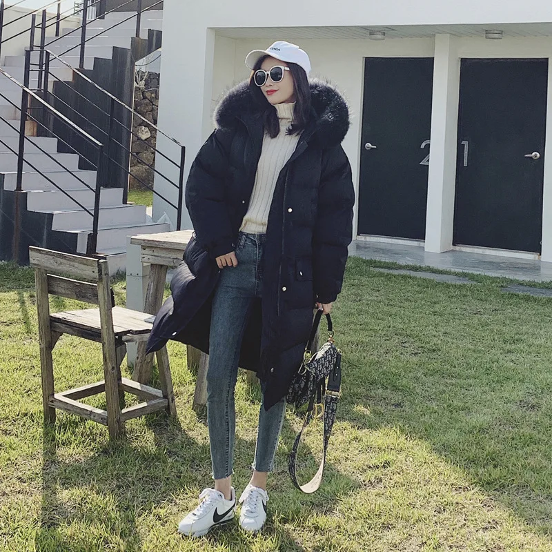 

ACZ Mid-length Cotton Coat 19 Autumn And Winter Korean-style Women's plus Thick Cotton Loose And Plus-sized Hooded Large Fur Col