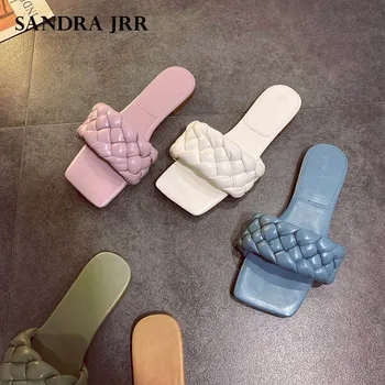 

SANDRA JRR 2020 Summer Newest Arrival Slippers Flat Heel Open Toe Casual Sandals Leather Slides Drags Lady Holiday Shoes Flats