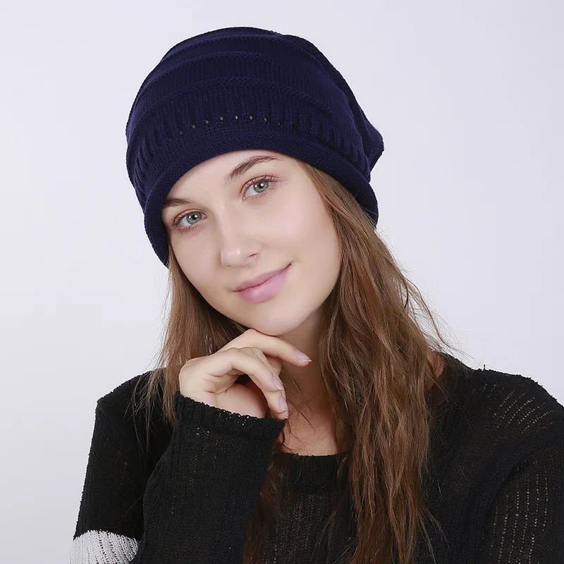 Зимняя женская шапка ручной работы, вязаные шерстяные шапки, модная женская шапочка, однотонная плиссированная полосатая шапочка, шапки gorros mujer invierno