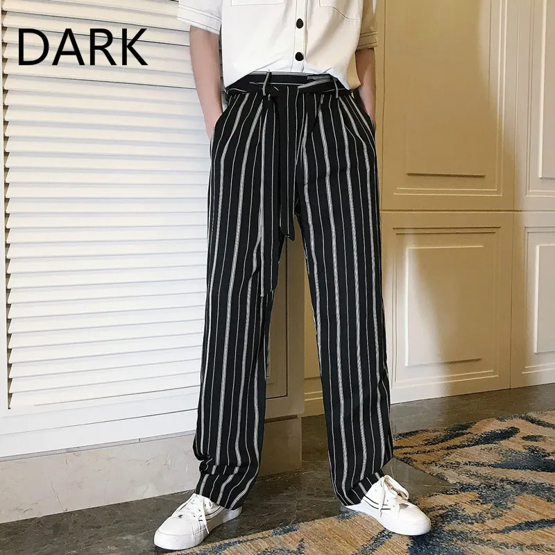 

2020 Autumn Retro Dark Belt Belt Striped Straight Wide Leg Trousers Couple Men And Women Trend