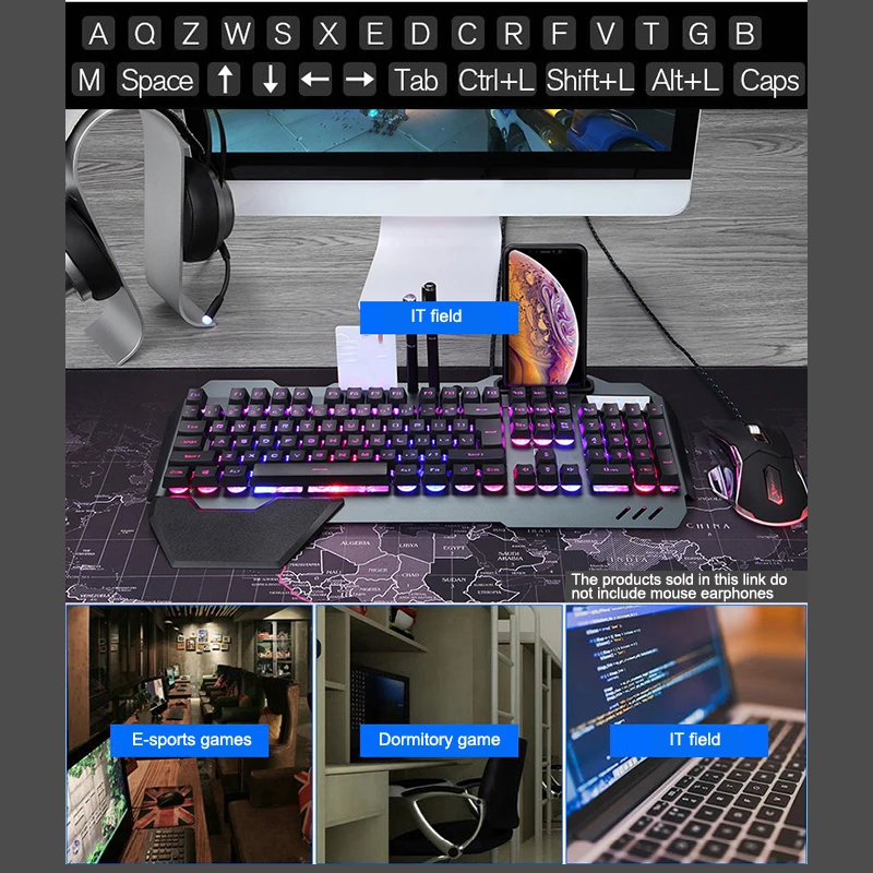 fio teclado ergonômico com retroiluminação rgb suporte