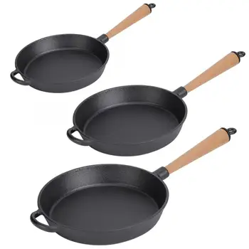 

High Quality Household Kitchen Utensils Cast Iron Frying Pan Skillet Cooking Steak Pan with Wooden Handle Kitchen Utensils