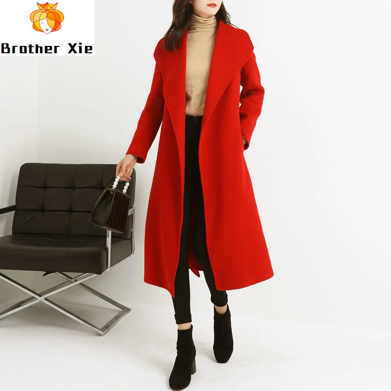 

100% Wool Coat Winter Slim Red Coats 2020 New Double-sided Cashmere Overcoat Women's Long Big Collar Medium Cap Fashion Korean