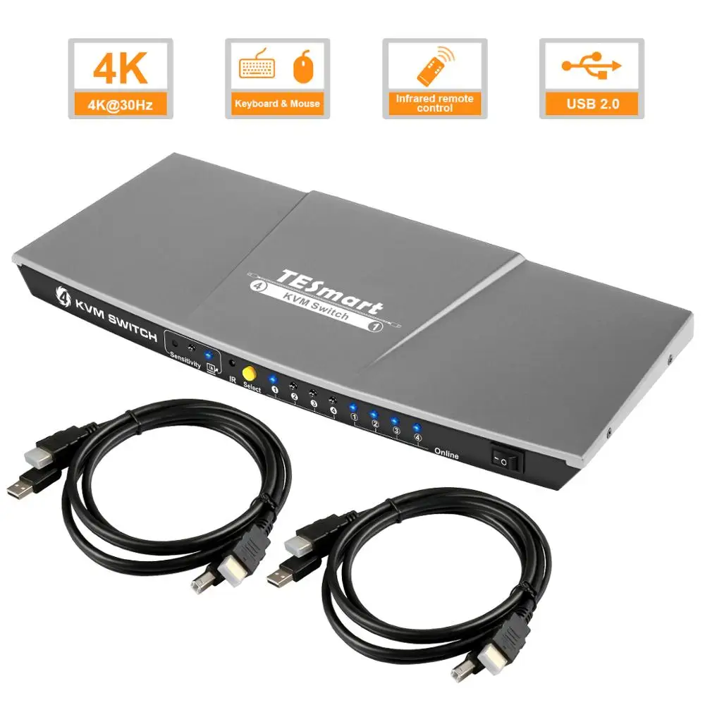 4พอร์ต KVM สวิทช์ USB 2.0 KVM Switch ปุ่มสนับสนุน3840*2160/4K * 2K IR