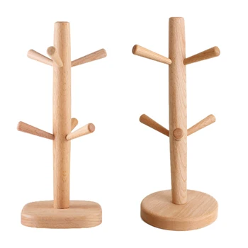 

Tree Shape Wood Coffee Tea Cup Storage Holder Stand Home Kitchen Mug Hanging Display Rack Drinkware Shelf with 6 Hooks