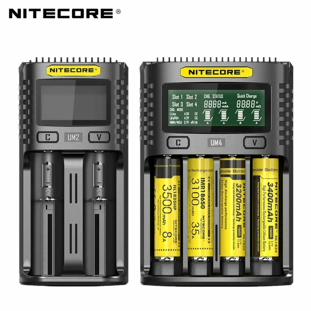 Оригинальное зарядное устройство NITECORE UMS2 UMS4 UM2 UM4 интеллигентая(ый) QC Зарядное устройство для 18650 16340 21700 20700 22650 26500 18350 AA AAA Батарея Зарядное устройство