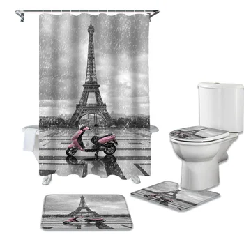 

France Paris Motorcycle Shower Curtains Set Bath Mat Set Toilet Cover Waterproof Bathroom Shower Curtain and Rug Sets