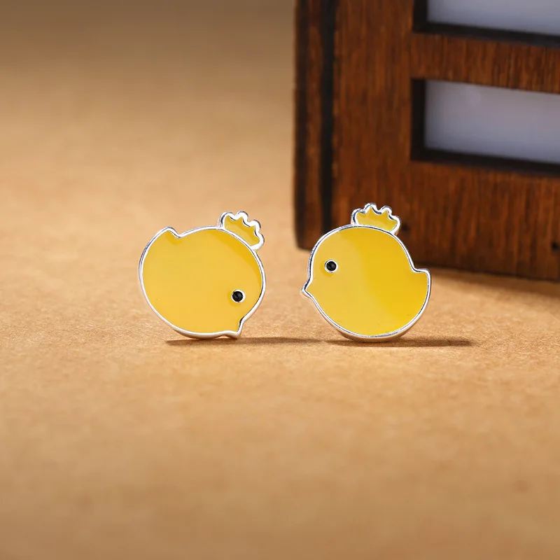 

925 Silver Earrings Cute Cartoon Little Yellow Chicken Stud Earrings Japanese Fun Sweet Sterling Silver Jewelry For Women