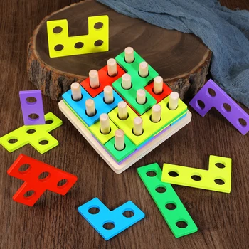 

Geometric shape blocks on nesting 16 pillars stacking toys wood natural Educational Tetris Block Games Wooden Toys Children Gift