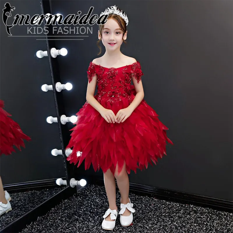 

Summer New Toddler Kids Baby Fashion Wine-red Color Birthday Wedding Party Prom Flowers Feathers Dress Children Tutu Dress Gift