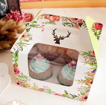 

20pcs Flower Printed Cupcake Box Portable Kraft Paper Baking Gift Box Cardboard Egg Yolk Cookie Candy 4 Holes Gift Boxes