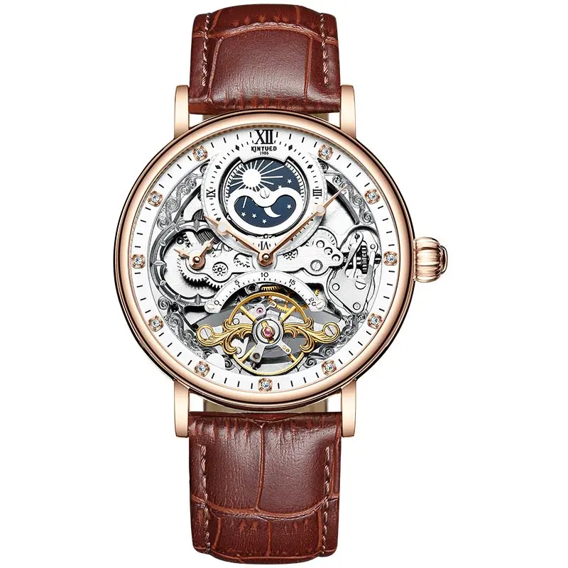 Gold White Brown KINYUED, новинка, брендовые автоматические часы с фазой Луны, Роскошные, стимпанк, мужские механические часы, модные мужские часы, relogio, люксо, mecanico - Цвет: Gold White Brown