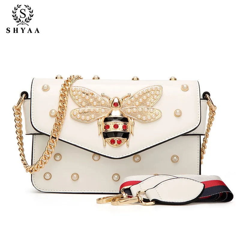 

SHYAA 2019 New Pearl Small Square Handbag Chain Bee Bag Korean Version of The Tide Single Shoulder Slung Small Messenger Bag