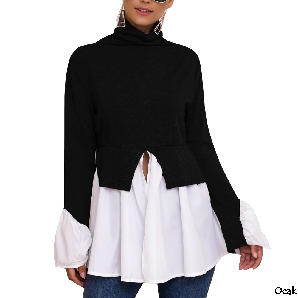 

Oeak Women's Spring Knit Sweater Patchwork Pullover Sweater Turtleneck Flare Sleeve Long Sleeve Irregular Ladies Sweater 2019