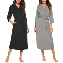 Зимний длинный женский халат с рукавом 3/4, однотонный свободный банный халат с v-образным вырезом и поясом, ночной сексуальный халат, женский ночной халат кимоно