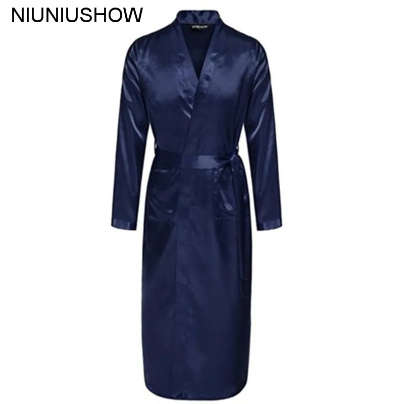 Navy Blue Chinese Men Silk Rayon Robe Summer Casual Sleepwear Vneck