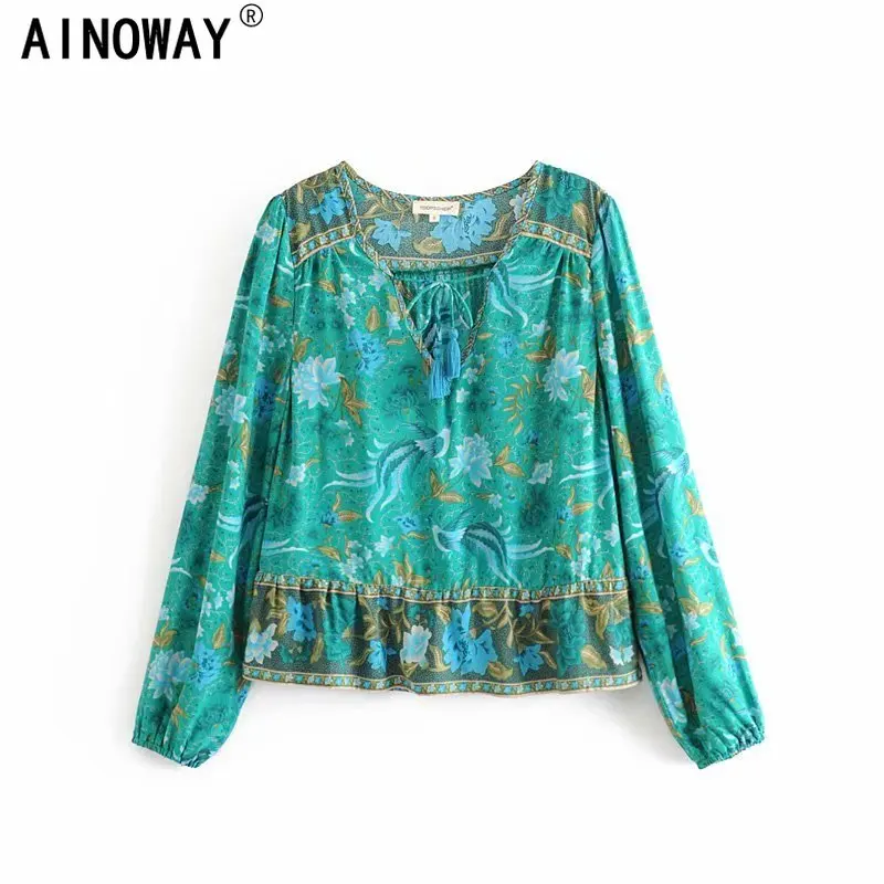 Винтажная шикарная хиппи Женская пляжная блузка из вискозы и хлопка с цветочным