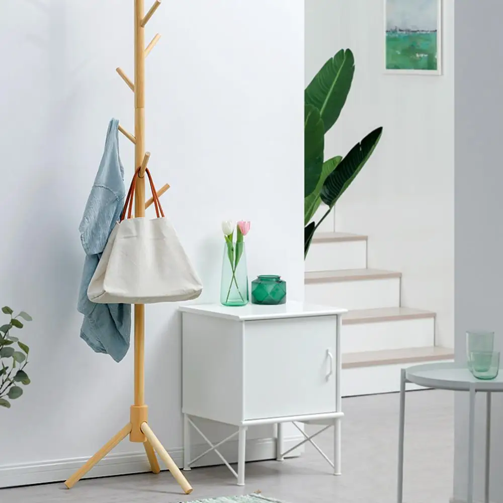 

Wood Coat Rack Garment Clothes Storage Stand Floor Hall Tree Bedroom Hanger Rack with 8 Sturdy Hooks