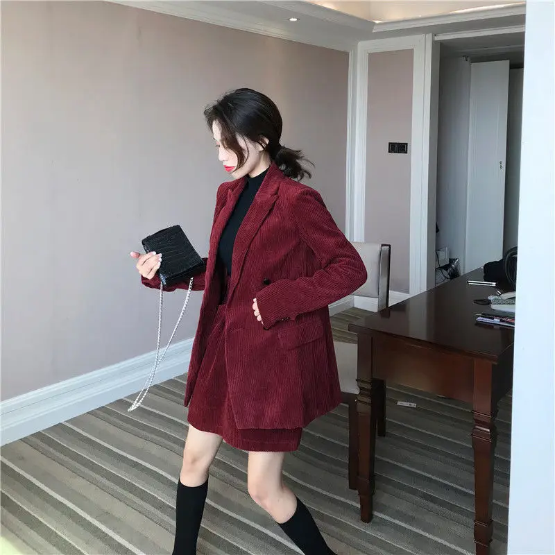 JuneLove Autumn Solid Women Elegant Corduroy Blazer OL Notch Collar Jacket Female Wine Red Double Breasted Coats Outwears Bottom