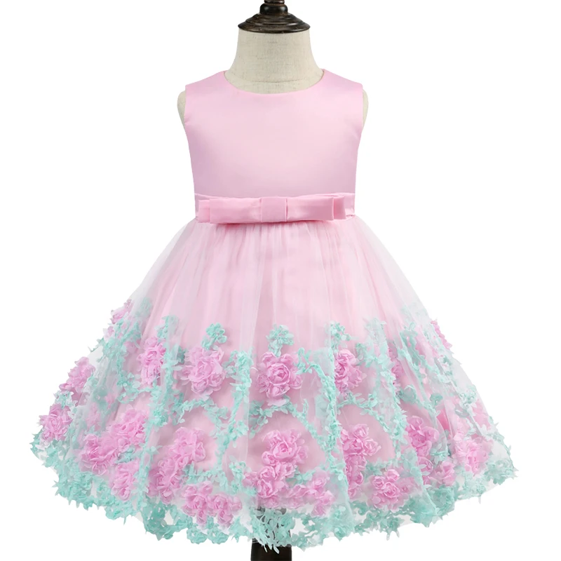 Вечерние платья без рукавов с бантом; элегантные свадебные платья принцессы с цветочным принтом для маленьких девочек; детское рождественское бальное платье; одежда - Color: Pink