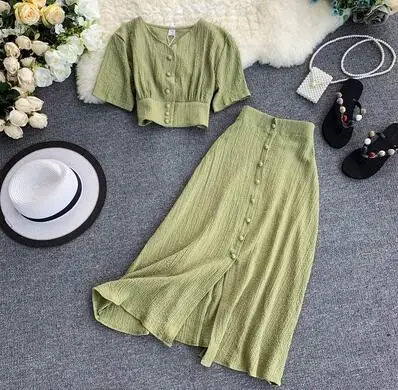 short sleeve green MUMUZI, модная женская пляжная одежда, короткие дизайнерские топы на пуговицах спереди и длинная юбка, комплект из 2 предметов, одноцветные блузки и юбка с открытыми боками - Цвет: short sleeve green