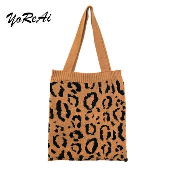 

YoReAi Original Knitting Design Ladies Winter Shopping Handbag Leopard Casual Shoulder Bag Fashion Style Student Simple Tote