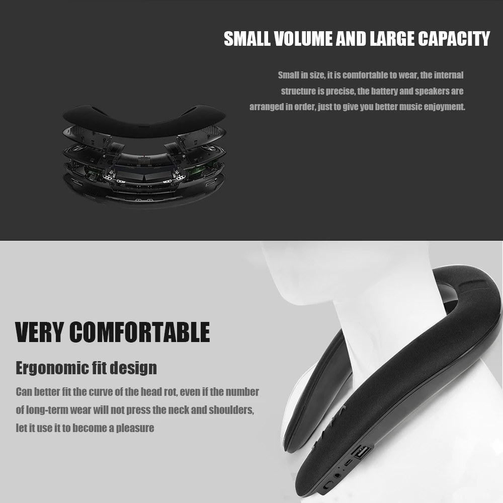 Портативный Bluetooth Шейным двойной колонки носимых беспроводной 3D Стерео Звук громкоговоритель FM радио SD карта USB диск громкой связи вызов