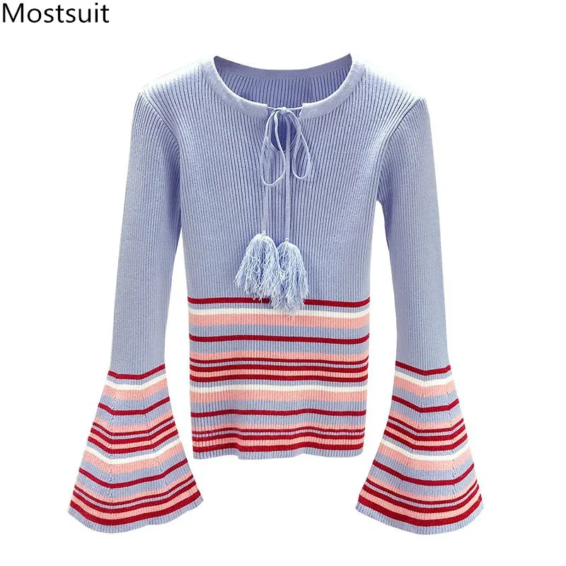 

Striped Knitted Tops Pullover Sweater Women Spring Autumn Korean Slim Fashion Lace Up Long Flare Sleeve O Neck Ladies Sweaters 2019