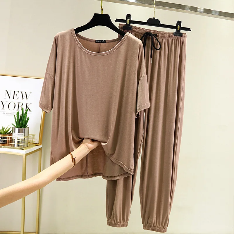 

Pyjamas 2020 Loose Capri Pants 2 Pieces Set Tracksuit Summer Modal Home Suits Femalepijamas T-shirt+Drawstring Women Plus Size