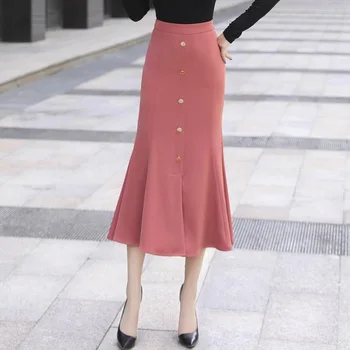 

Plus Size Office Lady Skirts Pink Buttons High Waist Skirt OL Korean Work Wear Mid-Calf Split Mermaid Skirts Fashion Clothing