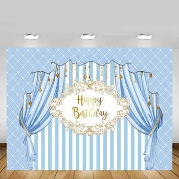 

Mehofond Prince Happy Birthday Backdrop Blue Curtain Stripe Boy Party Photography Background Decor Banner Photo Studio Props