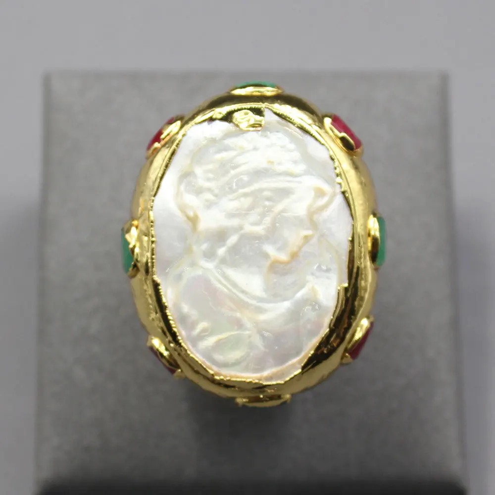 Natural Shell Pearl Beauty Red Green Jades Gold Color Plated Ring Adjustable Handmade For Lady