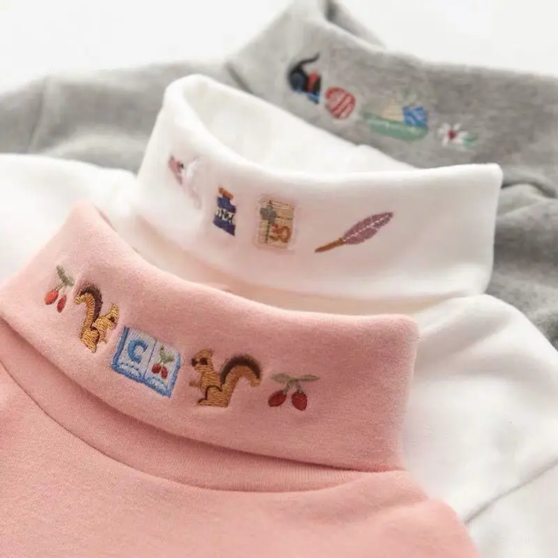 Embroidery Turtleneck Long Sleeve Blouse Girls Autumn Winter Clothes Bottoming Thicken Baby Clothing Children Cotton Tops Blouse