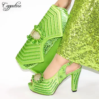 

Excellent lady high heel pumps shoes and bag set with rhinestones CR2108 in green, heel height 11.3CM