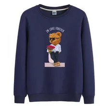 

100% Cotton Plus Velvet Rose Bear Print Sweater Women Pullover 2021 Winter Men's Sweatshirt Super Dalian Hoodie Couple Sweater