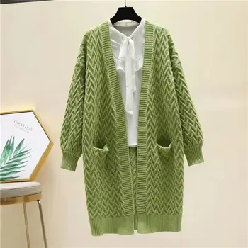 

Solid Knitted Pocket Green Coats Women Cardigan Casual Loose Fashion Open Stich 2019 Autumn Winter New Pocket Sweater Coat