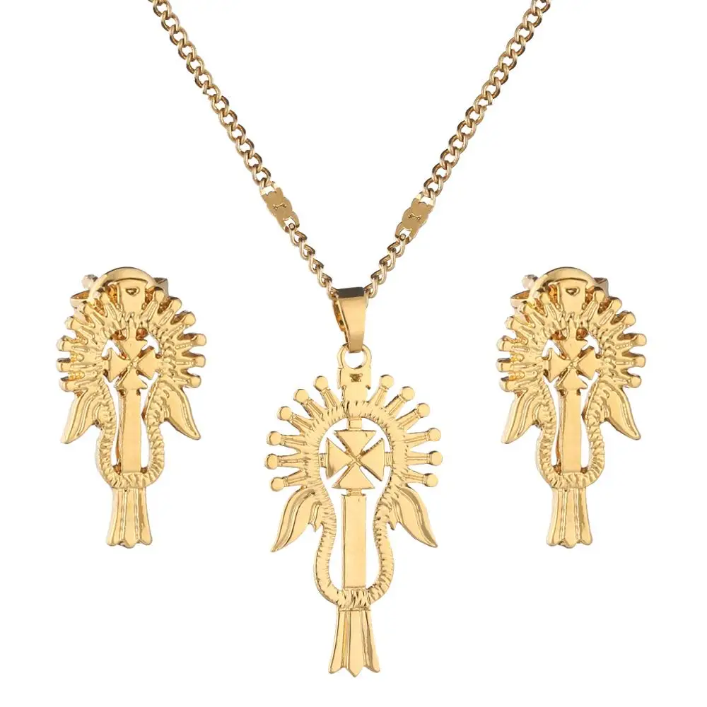Ethiopian Coptic Cross Jewelry Set - Necklace, Earrings, Bangle, Ring, 24K Gold Plated Brass