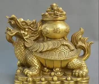 

Chinese Bronze Dragon Turtle tortoise Wealth Treasure Bowl Yuanbao Money Statue