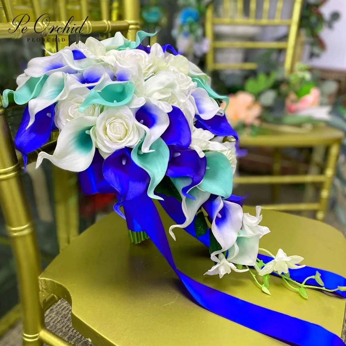 

Пеорхидея Калла, лилия, водопад, букет невесты, роза, искусственный цветок, синий, белый и белый, пляжный свадебный букет, Ramo Flores невесты