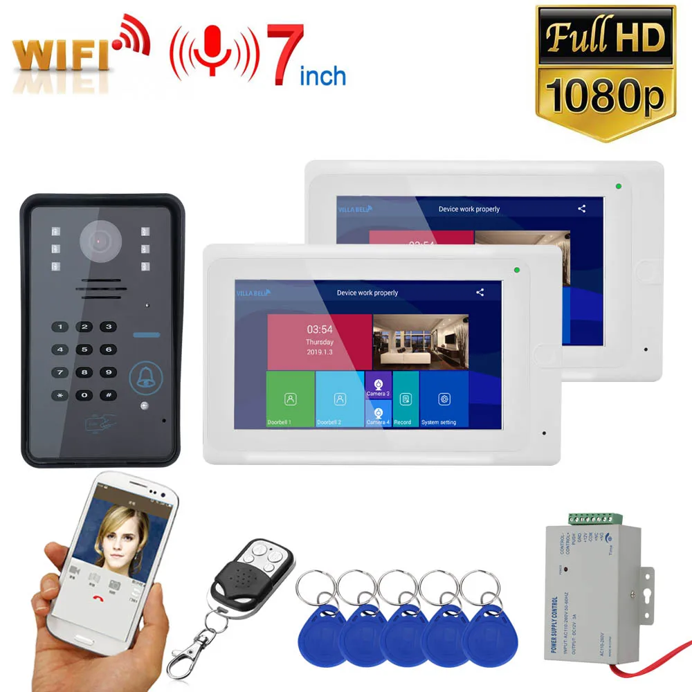 ##BUY 7inch 2 Monitors Wireless Wifi RFID Password Video Door Phone Doorbell Intercom Entry System with Wired IR CUT 1080P Wired Camer