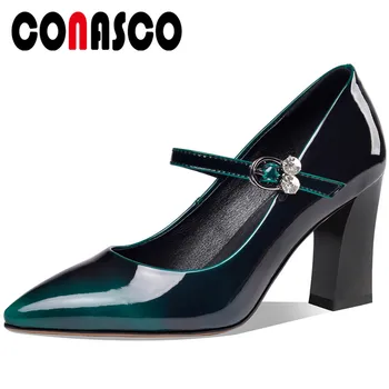 

CONASCO 2020 Brand Design Woman Pumps Cow Patent Leather Spring Summer Casual Ankle Strap Pointed Toe Thick Heels Shoes Woman