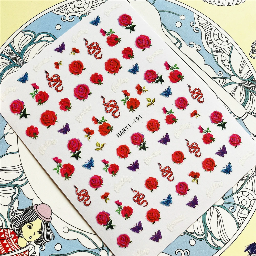 

HANYI-191 HANYI-192 Red Rose flower Little snake in roses 3D Back glue Nail Art Stickers Decals Sliders Nail ornament decoration