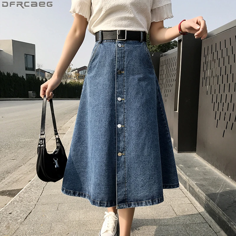 Nuova gonna di Jeans a vita alta Streetwear gonne lunghe a trapezio per  donna cintura monopetto grande altalena Jeans Saia blu nero Faldas|Skirts|  - AliExpress