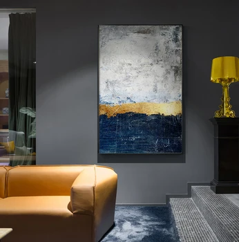 

Hand Painted Abstract Blue Texture Oil Painting Blue Modern Golden Wall Art Picture for Living Room Navy Decor Home