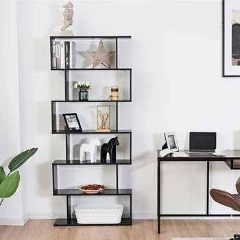 

6-Tier Modern S-Shaped Bookcase Z-Shelf Style Storage Bookshelf Natural Oak Colored Surface Home Office Room Bookshelf
