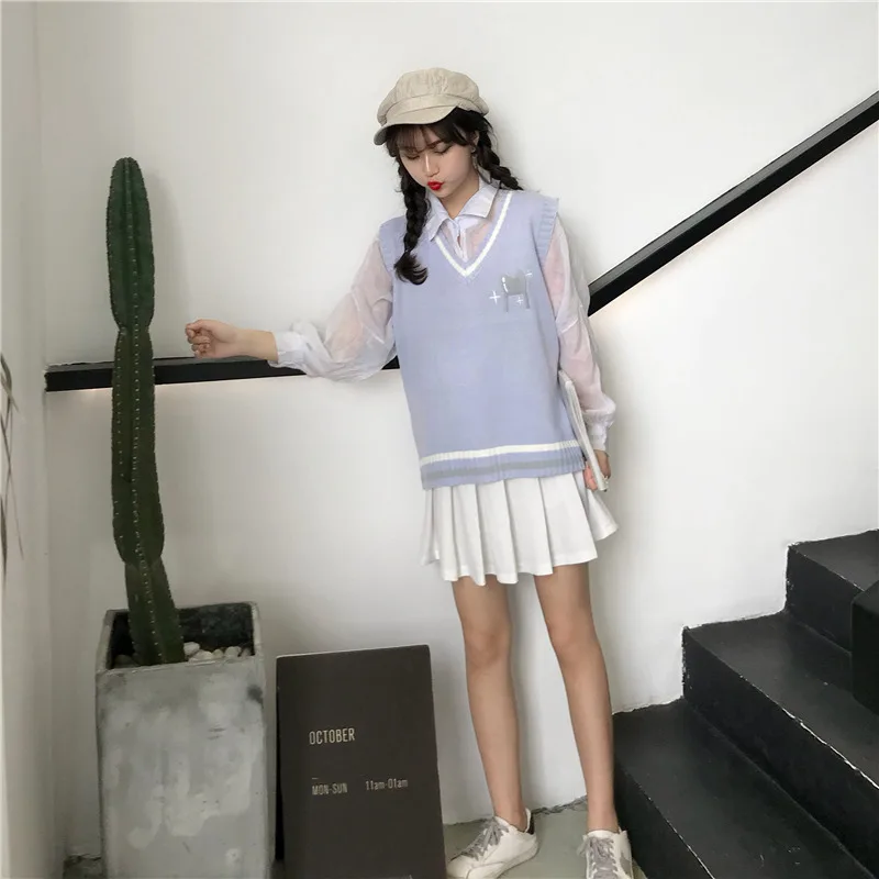 Ulzzang Свободный корейский стиль студентов вышитые мягкие девушки колледж жилет свитер вязаный жилет женщин