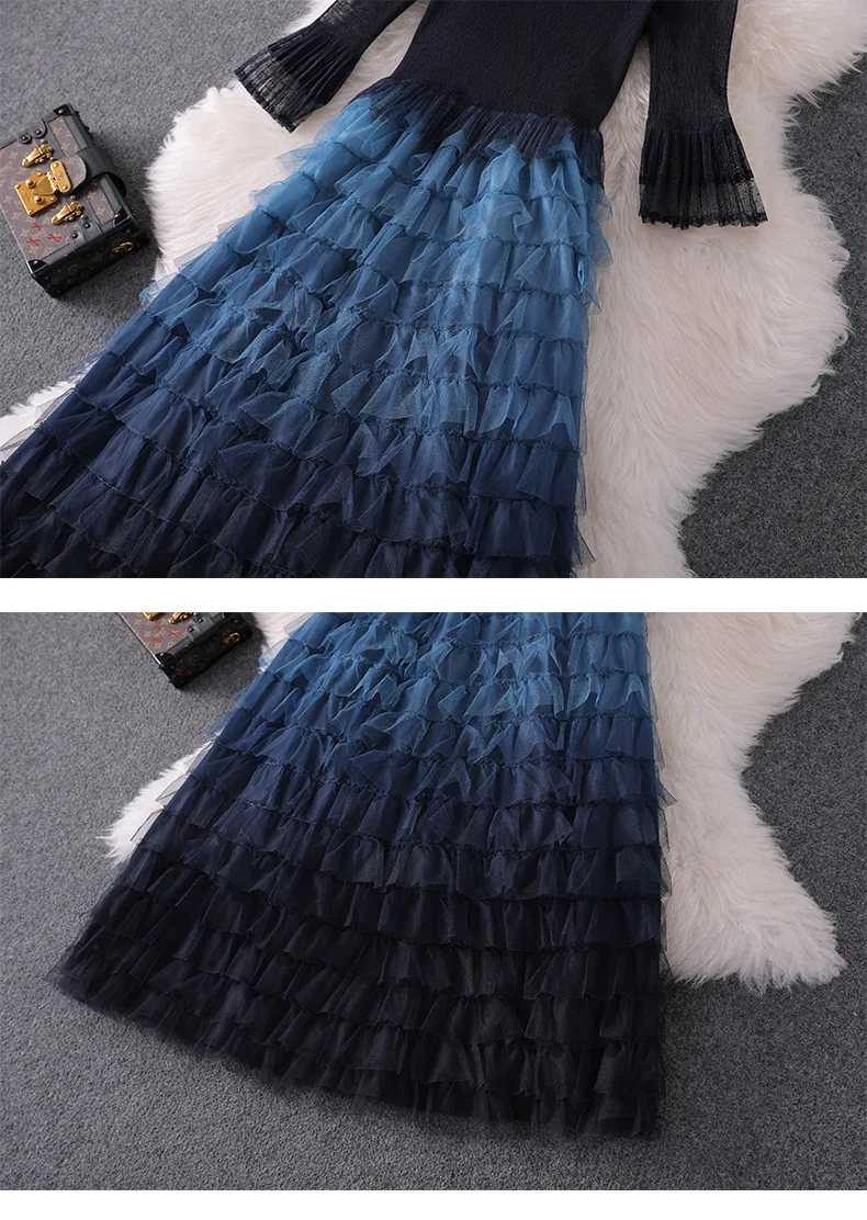 Women fashion autumn winter ruffles dress lace inset falre sleeve fit and flare cute dresses new blue