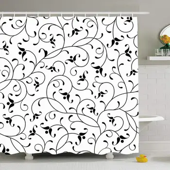 

Shower Curtain Set with Hooks 72x72 Silhouette Floral Vintage Oriental Abstract Black Isolated Nature White Ornament Textures