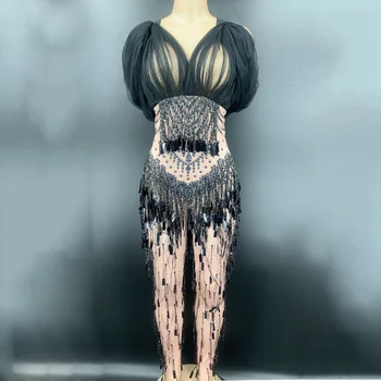 

Female Singer Dj Black Rhinestone Tassel Printing Rhinestone Stretch Jumpsuit Stage Costume Birthday Outfits For Women DT2961