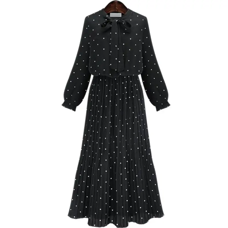 

Spring Fall Chic Women's Black Polka Dresses A-Line Bow Collar Pullover Maxi Dresses Sweet Retro Office Dresses